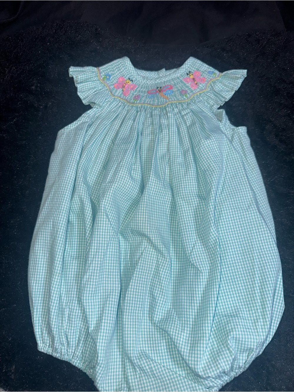 A Classy Chic Boutique Light Blue Gingham Smocked Bubble Romper with Pink Floral